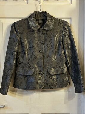 Louden Petite Woman’s Metallic Floral Jacquard Blazer - Charcoal Silver, Size: 4